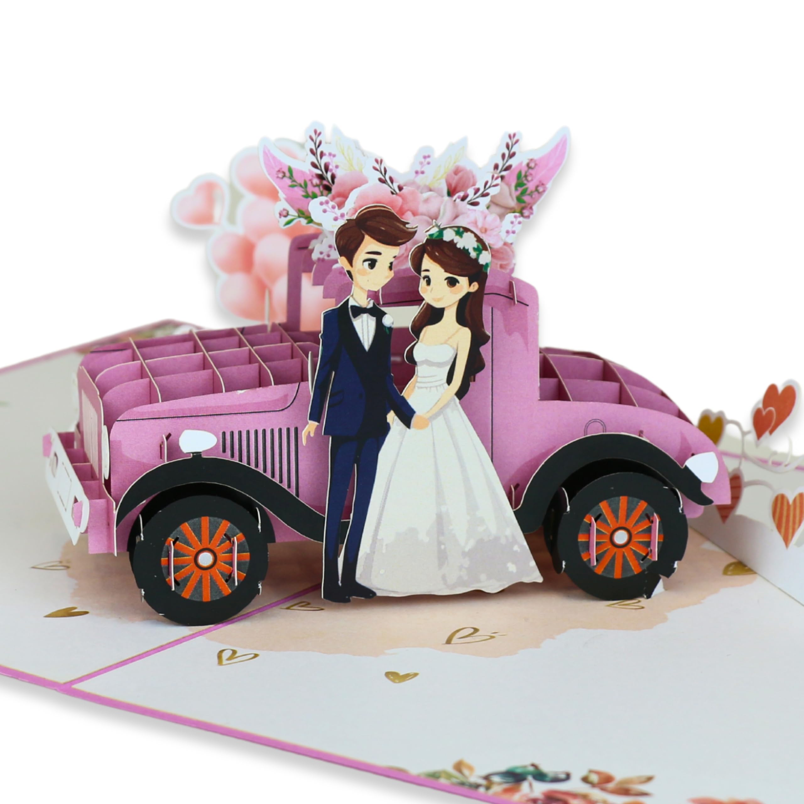 HAPPY GIFTERS Wedding Pop Up Cards - Bridal Shower Card 3D Greeting Pop Out Surprise - Handmade Gifts for Husband, Wife, Parents (Wedding Car)