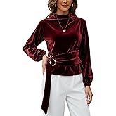 Yeokou Women Buckle Tie Velvet Top Stand Collar Belted Long Sleeve Elegant Fall Vintage Dressy Blouse(Red-M)