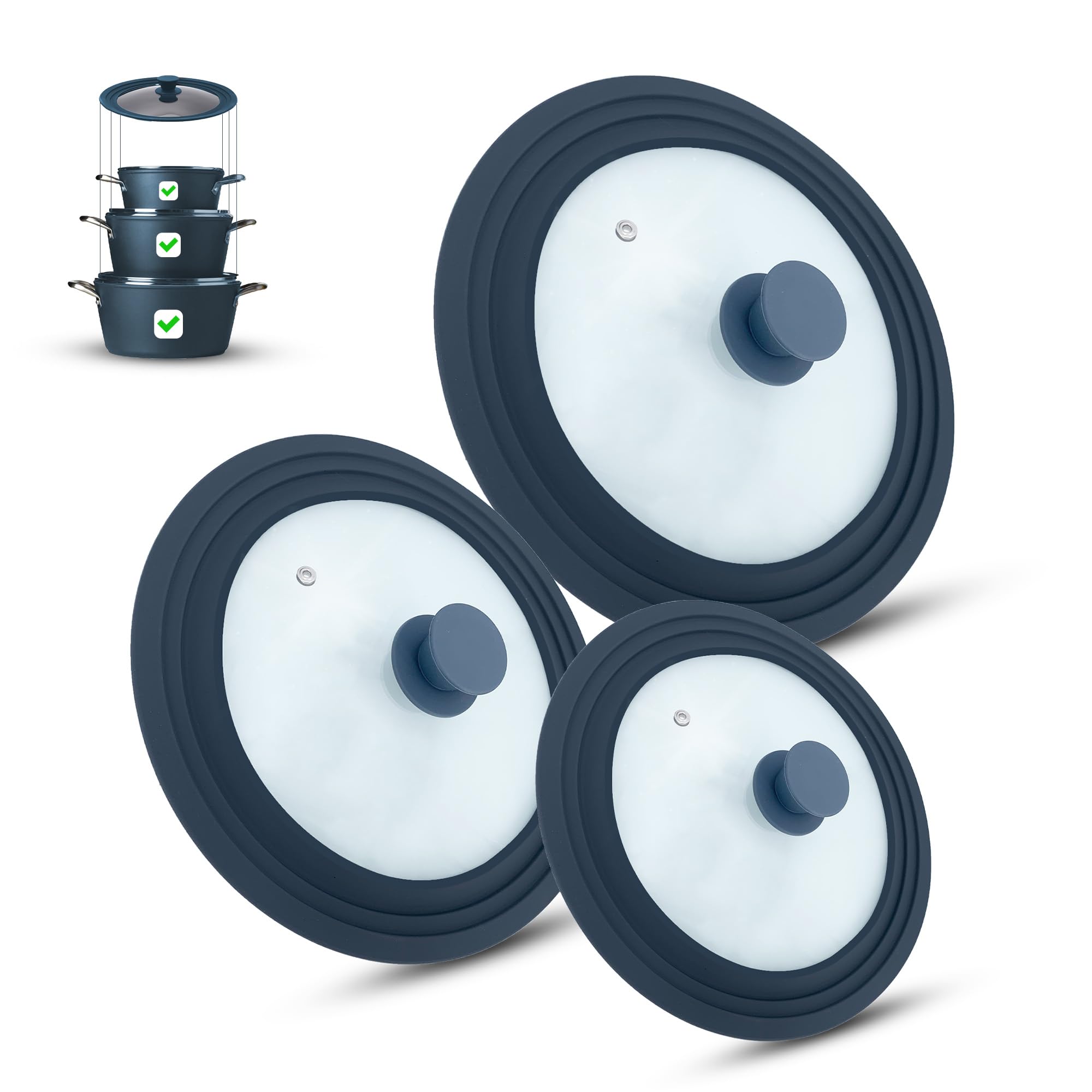 Set of 3 universal glass lids, 3-piece, pots and pans 16/18/20 cm & 24/26/28 cm & 28/30/32 cm, with outlet valve and silicone rim. (gray)