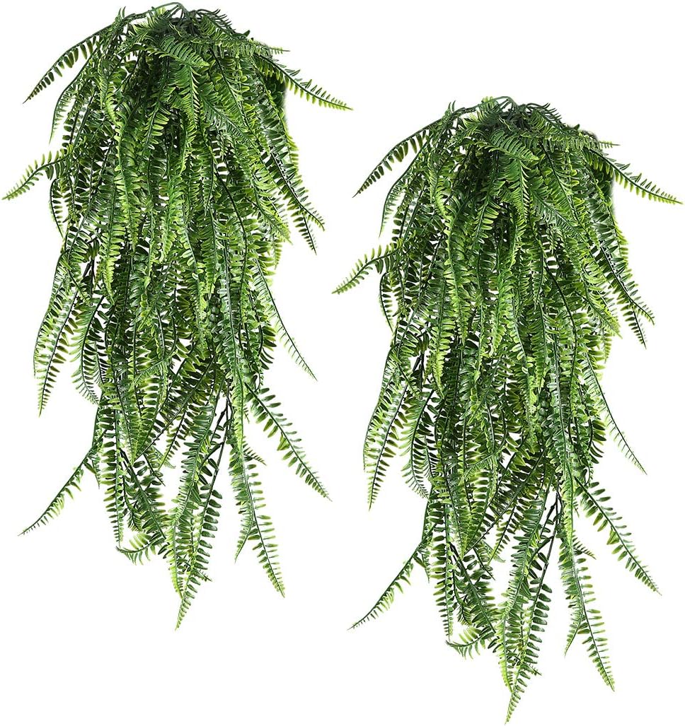 HAPLIA Artificial Plants Vines Ferns Persian Rattan Fake Faux Hanging Boston Fern Flowers Vine Outdoor UV Resistant Plastic Plants for Wall Indoor Hanging Baskets Wedding Garland Decor (Pack of 2)
