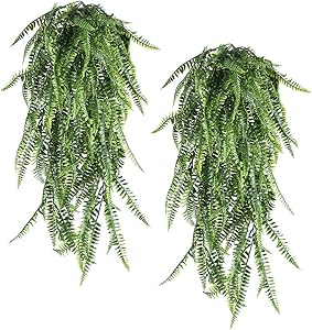 HAPLIA Artificial Plants Vines Ferns Persian Rattan Fake Faux Hanging Boston Fern Flowers Vine Outdoor UV Resistant Plastic Plants for Wall Indoor Hanging Baskets Wedding Garland Decor (Pack of 2)