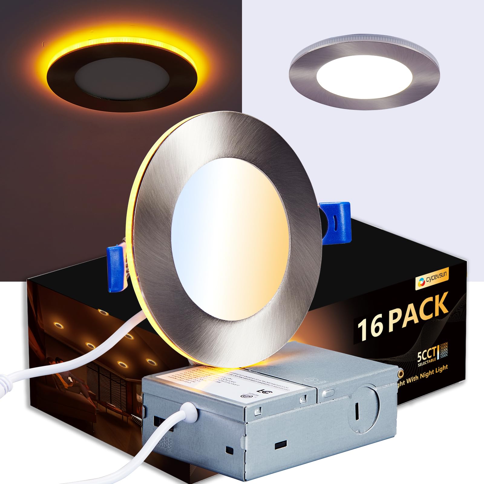 CycevSun Brushed Nickel Recessed Lighting 4 Inch with Night Light 16 Pack, Canless Ultra Thin Wafer Downlight Outdoor Exterior Soffit, Dimmable & 5CCT Selectable, 9W, ETL & Energy Star Image CycevSun Brushed Nickel Recessed Lighting 4 Inch with Night Light 16 Pack, Canless Ultra Thin Wafer Downlight Outdoor Exterior Soffit, Dimmable & 5CCT Selectable, 9W, ETL & Energy Star Image