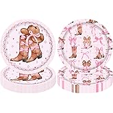 umoni Coquette Cowgirl Bow Party Supplies 48PCS Western Brown Boots Disposable Plates 9-Inches Cowgirl Bow and Hat Dessert Plates Pink Rodeo Themed Party Decor for Wild West Bachelorette Baby Shower