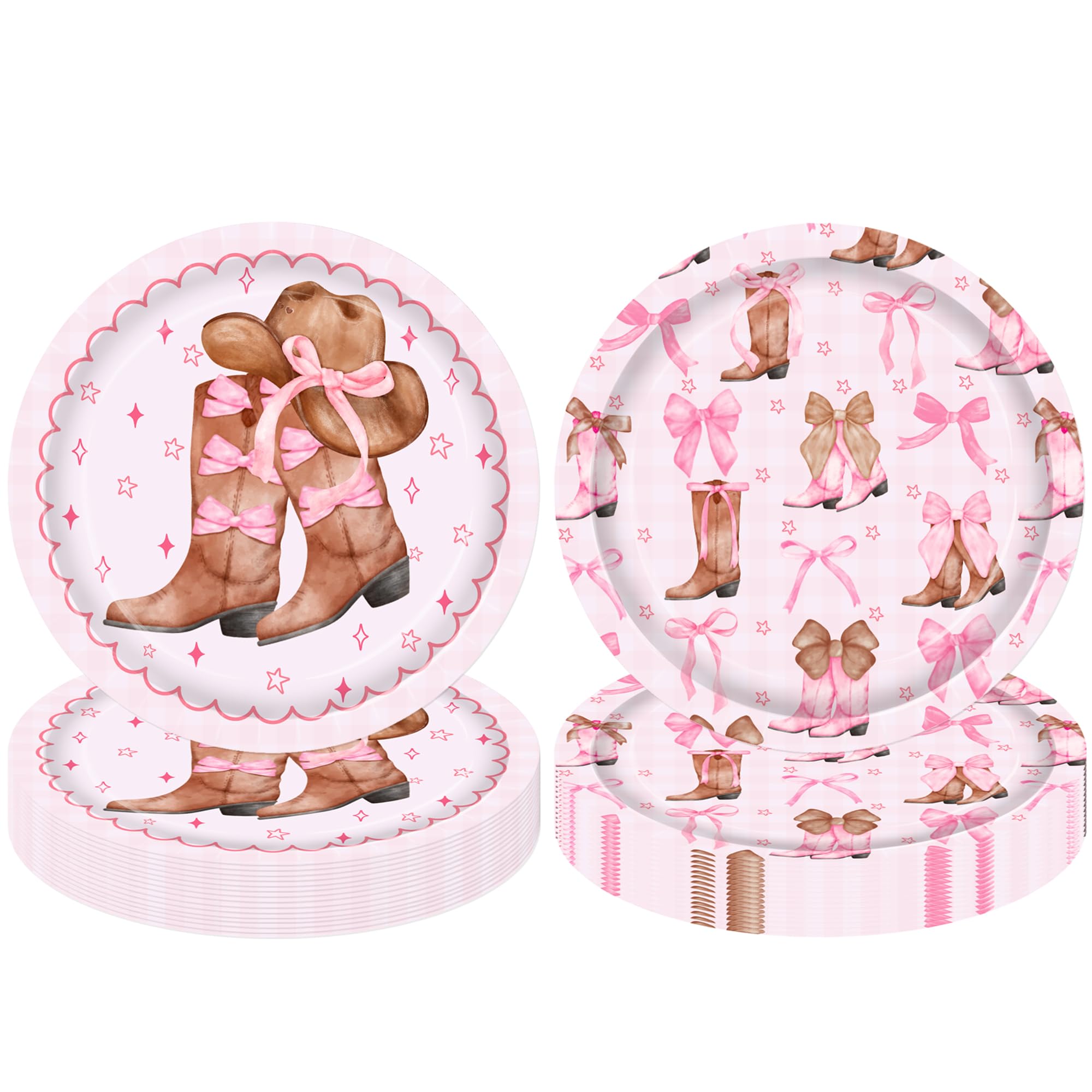 Photo 1 of umoni Coquette Cowgirl Bow Party Supplies 48PCS Western Brown Boots Disposable Plates 9-Inches Cowgirl Bow and Hat Dessert Plates Pink Rodeo Themed Party Decor for Wild West Bachelorette Baby Shower