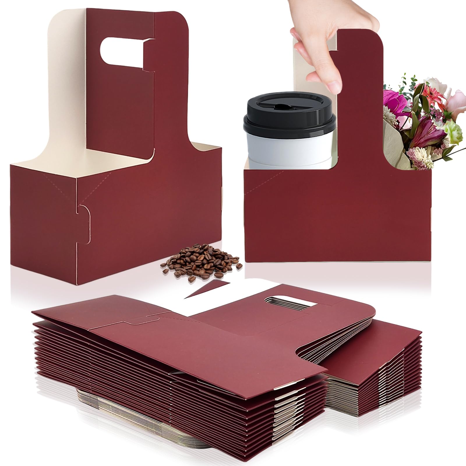 Photo 1 of 2 Cup Disposable Drink Carrier for Delivery with Handle,30 Count Red Paperboard Cup Holder,Cup Carriers for Hot or Cold Drinks,Coffee Carrier, Food Delivery,Take Out Cup Carriers (Wine Red, 30 PCs)