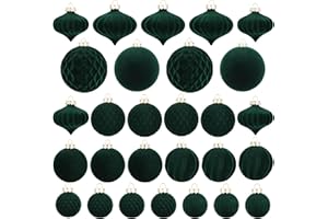 VTYEPOU Christmas Tree Ornaments Green Velvet - Pack of 28pcs Flocked Xmas Balls Ornament Decorations Assortment