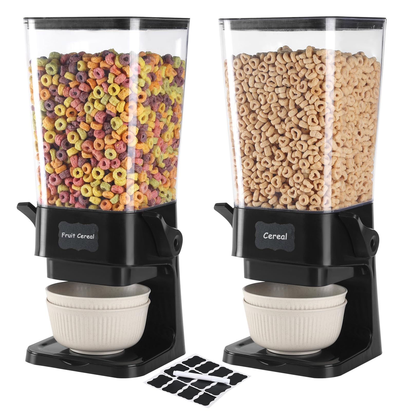Photo 1 of Qozzix Cereal Dispenser Countertop with Cereal Bowls,16 Labels & Pen, Cereal Containers Storage, Candy Dispenser, Dry Food Dispenser For Pantry - Not Easy to Crush Food (Black, 2 Pack)