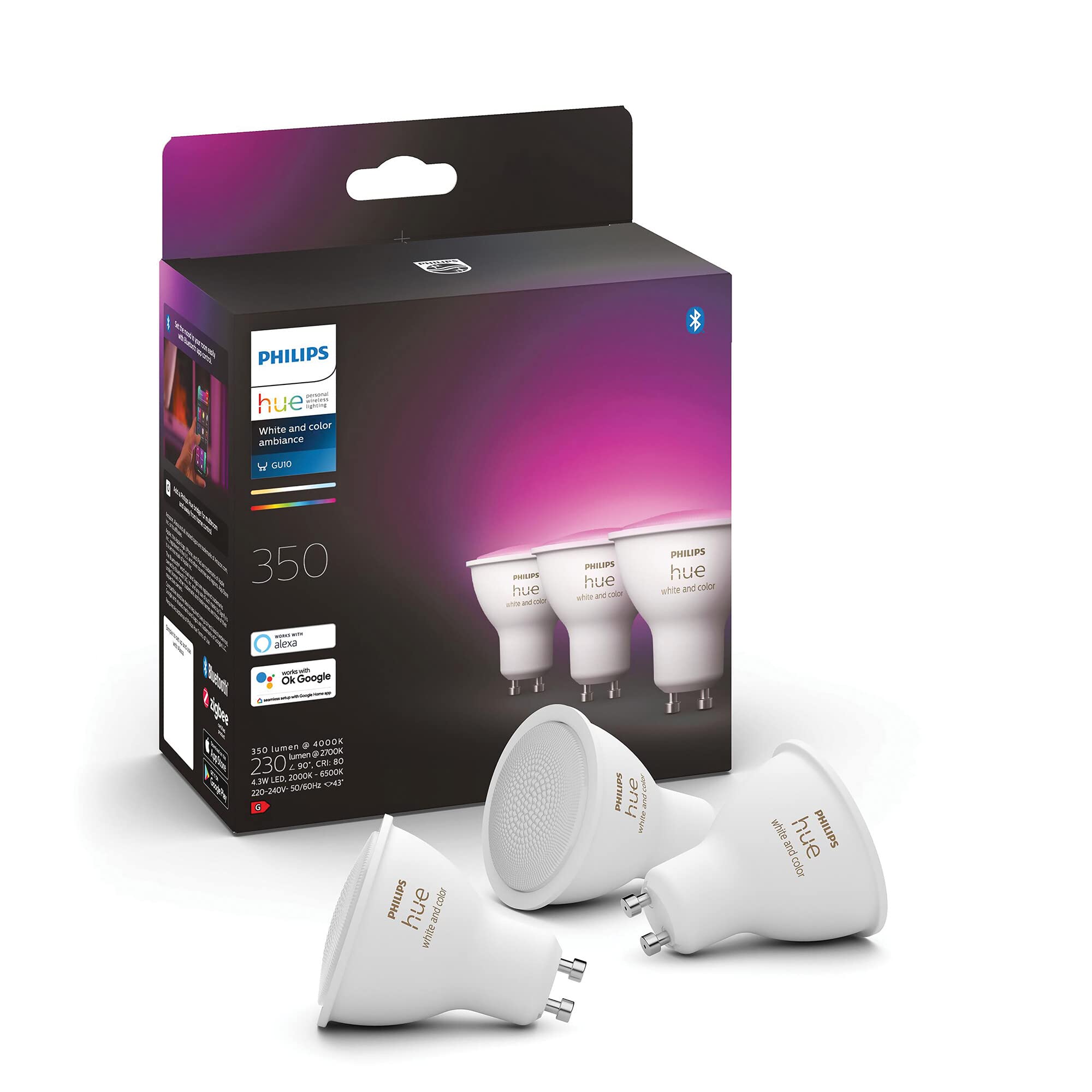 Philips Hue White & Color Ambiance GU10 LED Spot 3er Pack (350 lm), dimmbare LED Lampen für das Hue Lichtsystem mit 16 Mio. Farben, smarte Lichtsteuerung über Sprache und App