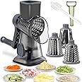 Rotary Cheese Grater Shredder with Handle Handheld Round Mandoline Vegetable Slicer Carrot Shredder Nut Grinder with 3 Replaceable Stainless Steel Drum Blades and Upgrade Strong Suction, Dark Grey