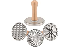 OPPEIN Cookie Stamps Set of 3, Metal Cookies Press Cutter Mold with Wooden Handle, Cookie Decorating Supplies for DIY Baking,