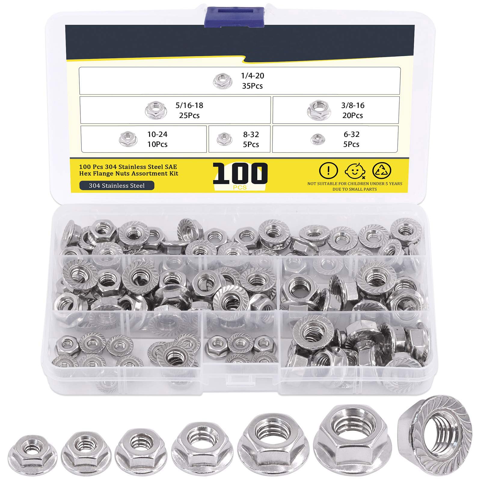 TA-VIGOR 100Pcs Serrated Flange Hex Lock Nuts Assortment Kit, 304 Stainless Steel Flange Self-Locking Insert Hex Nuts 3/8 inch-16 to #6-32 for Furniture Industry Civil Engineering Construction DIY