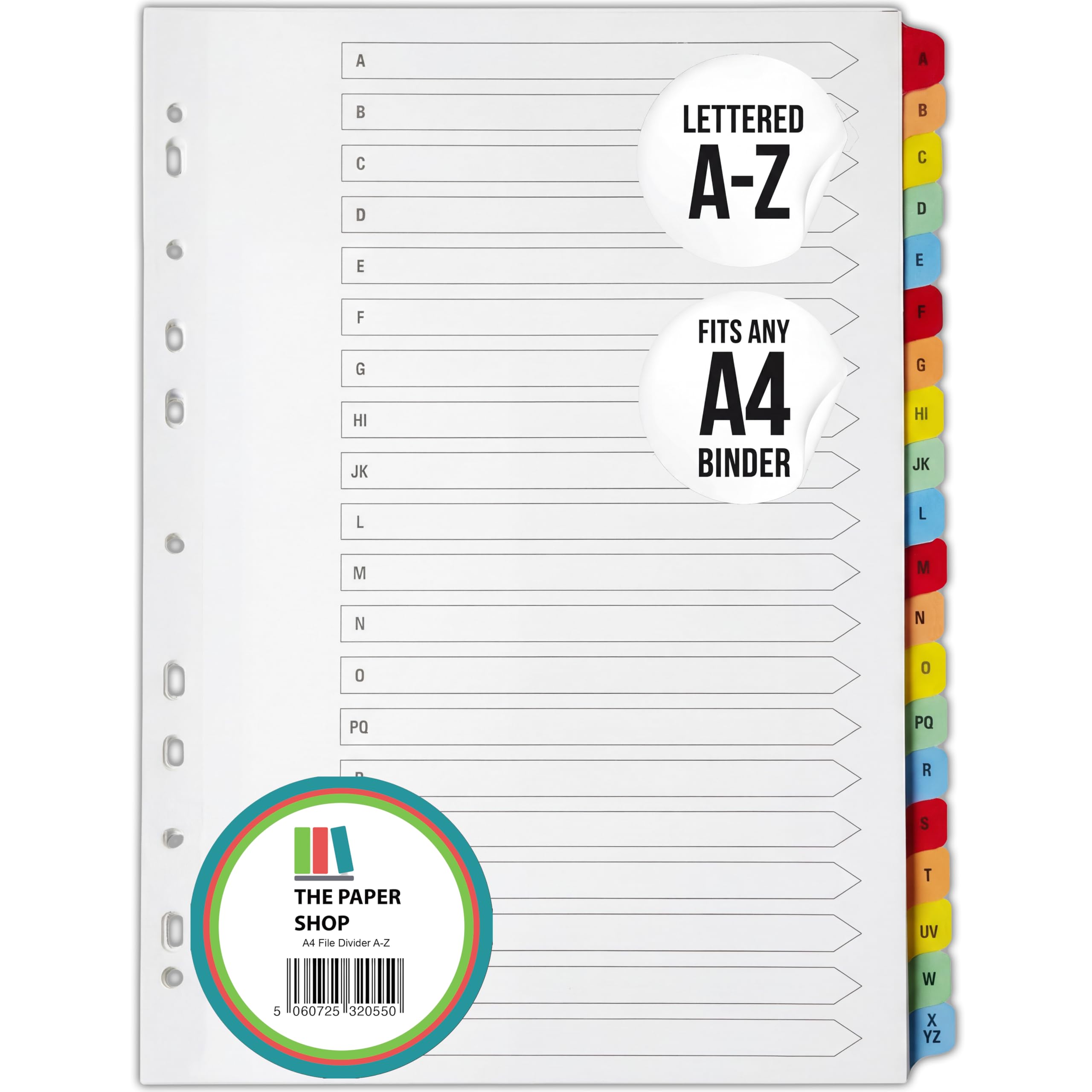 A4 File Dividers A-Z Tabs | A4 Alphabetical Subject Dividers A-Z with Multipunched Reinforced Colour Tabs 150gsm