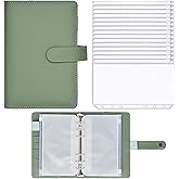 Twavang 15 PCS A6 Binder Pockets with PU Leather Notebook Binder Cover Refillable 6 Round Ring Binder Set for Personal Planner Organizer, Budget Binder, Savings Binder (Olive Green)