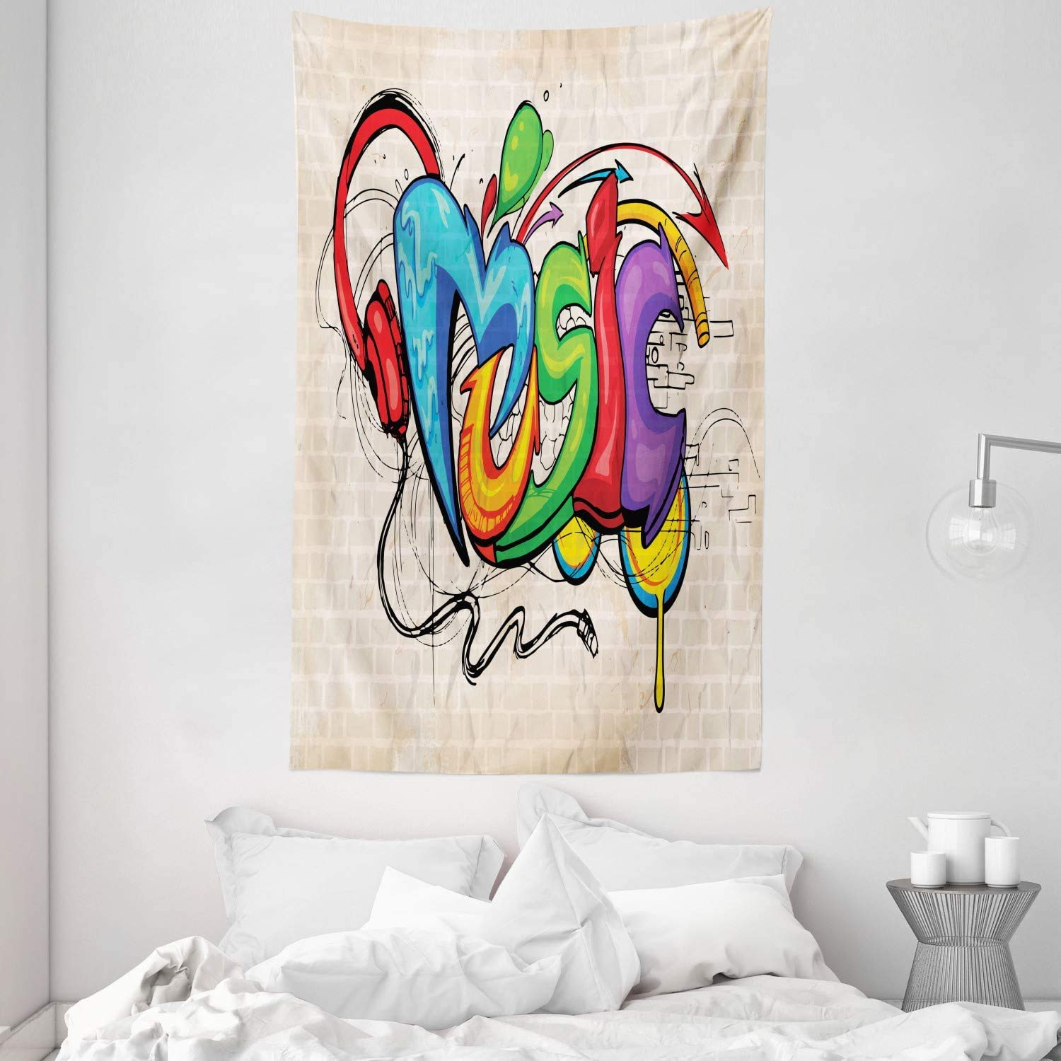 ABAKUHAUS Music Tapestry, Illustration of Graffiti Style Lettering Headphones Hip Hop Theme on Beige Bricks, Fabric Wall Hanging Decor for Bedroom Living Room Dorm, 140 x 230 cm, Beige