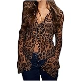 RoseSeek Women's Leopard Sheer Tops Bell Sleeve Tie Front V Neck T Shirt Vintage Party Y2K Clothes Going Out Top
