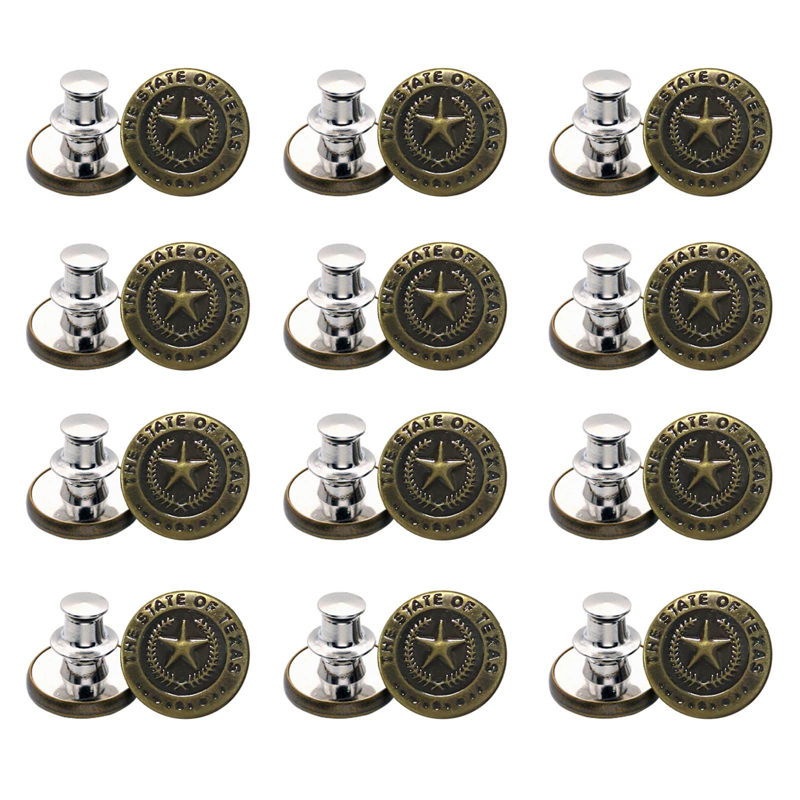SyiXute Pack of 12 jeans buttons without sewing, 17 mm trousers replacement buttons, alloy removable buttons, adjustable jeans button, metal trouser button to expand or reduce trouser size (brown)