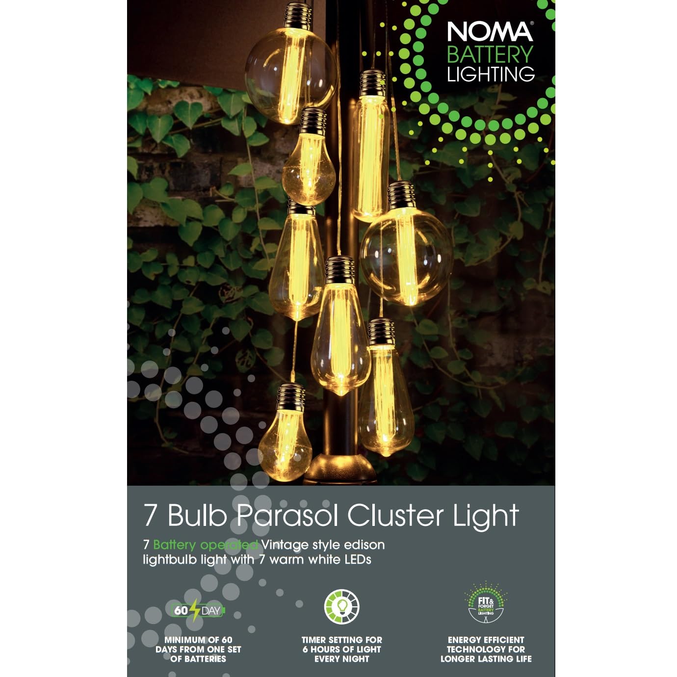 Noma 7 Parasol Cluster Lights with Warm White LED's, Battery Operated