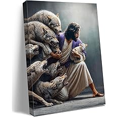 Christian Wall Art Jesus the Good Shepherd Saving Lost Sheep - Guardian Shepherd Protecting Lamb from Wolves, Bible Canvas Pr