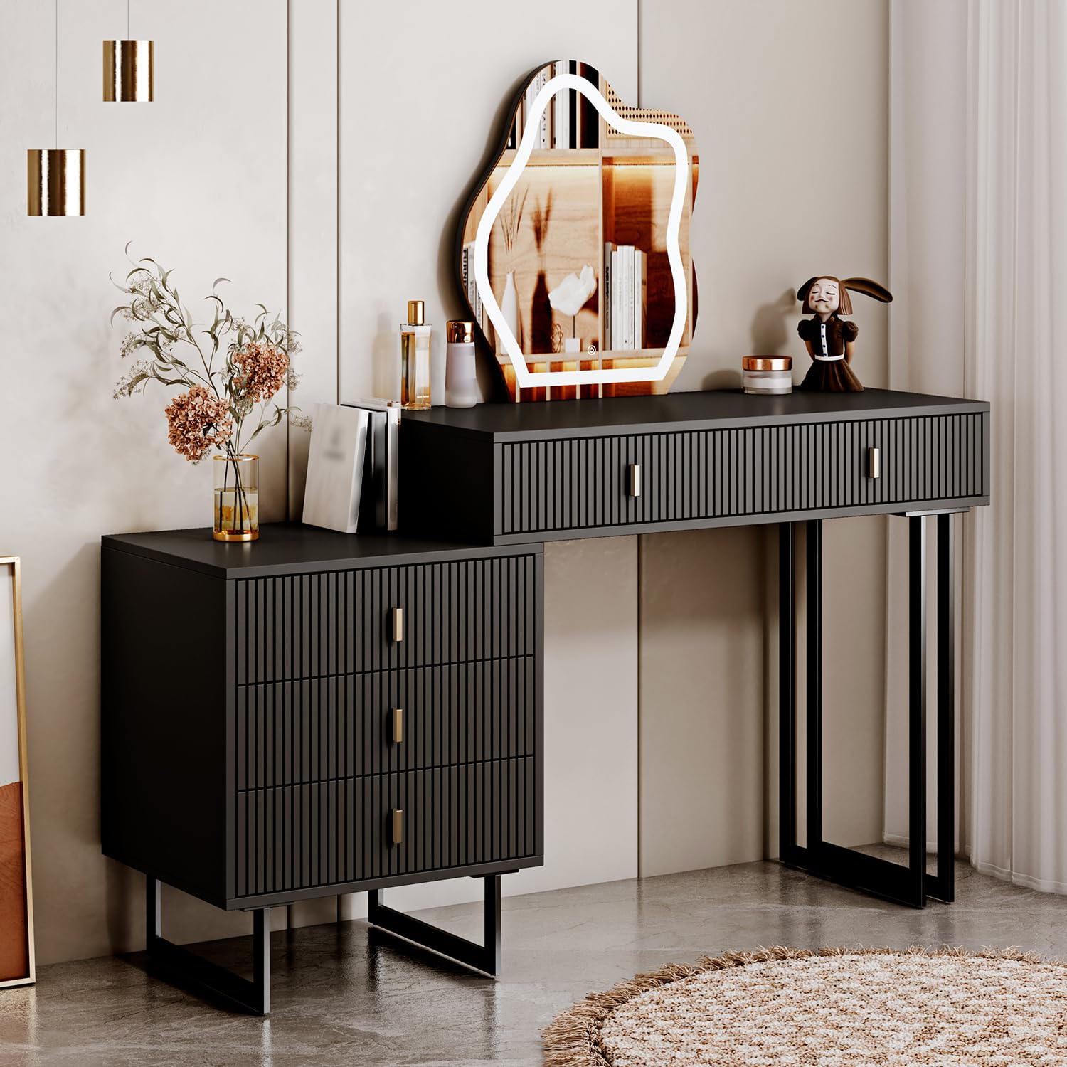 Photo 1 of ***MAYBE PARTS ONLY***
Ieejdn Black Vanity Desk with Mirror and Lights,Small Makeup Vanity with 5 Drawers, Modem Makeup Table with Adjustable Cabinet for Bedroom,Makeup Room