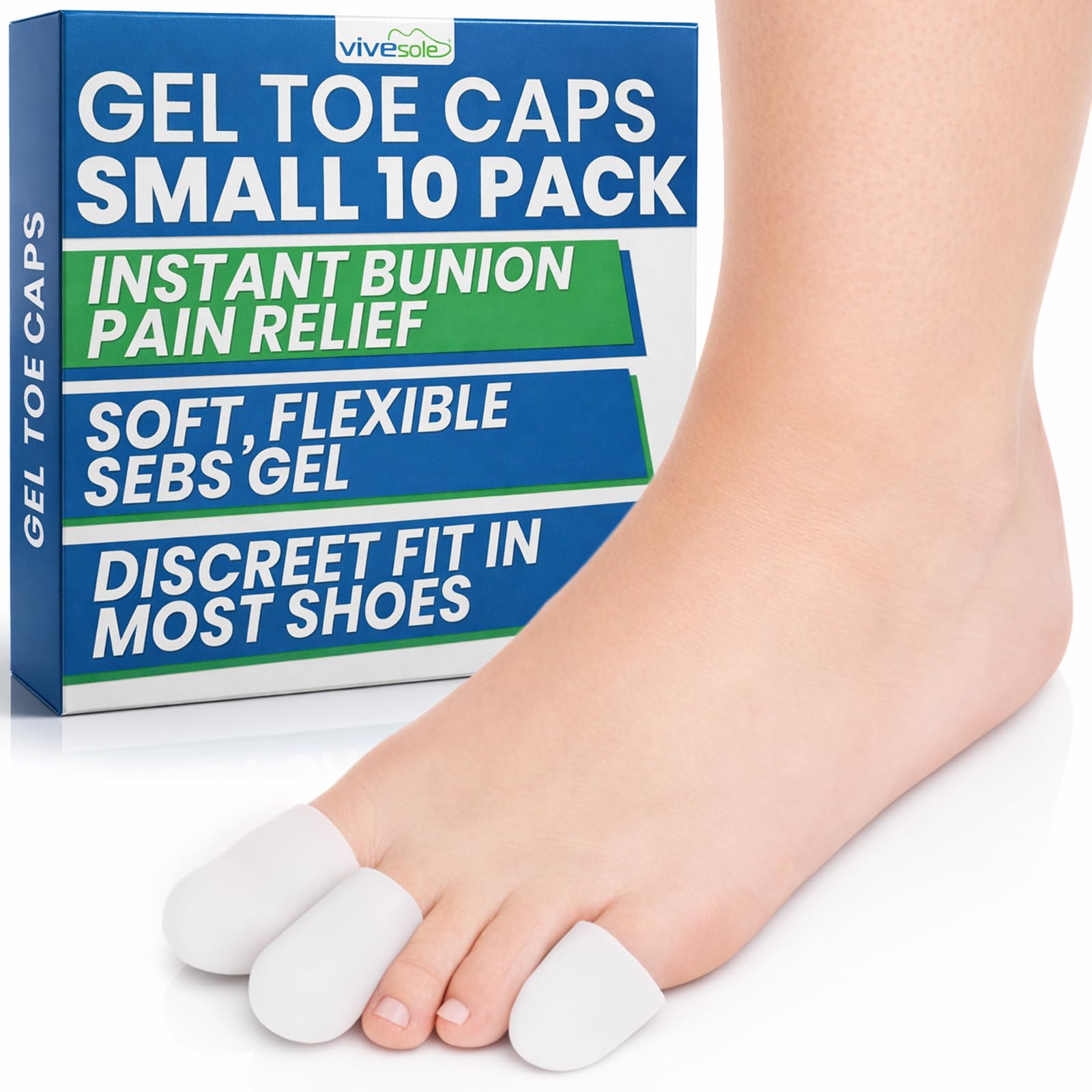 VIVEsole Silicone Toe Protectors (20 Pack) - Gel Big Toe Caps, Covers, Sleeve Bunion Pads - Cushion Guards for Ingrown Nails Corns Calluses Blisters