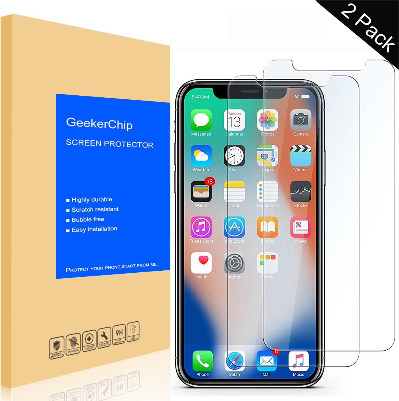 GeekerChip iPhone X/10/iPhone XS 5.8" Screen Protector[2 pack], 2 Pack iPhone X/10/iPhone XS 5.8" GLASS Edition Genuine Tempered Glass Screen Protector Guard Cover