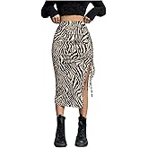 Floerns Women's Cowgirl Animal Print Skirt High Waisted Ruched Drawstring Side Split Bodycon Y2k Going Out Midi Skirts