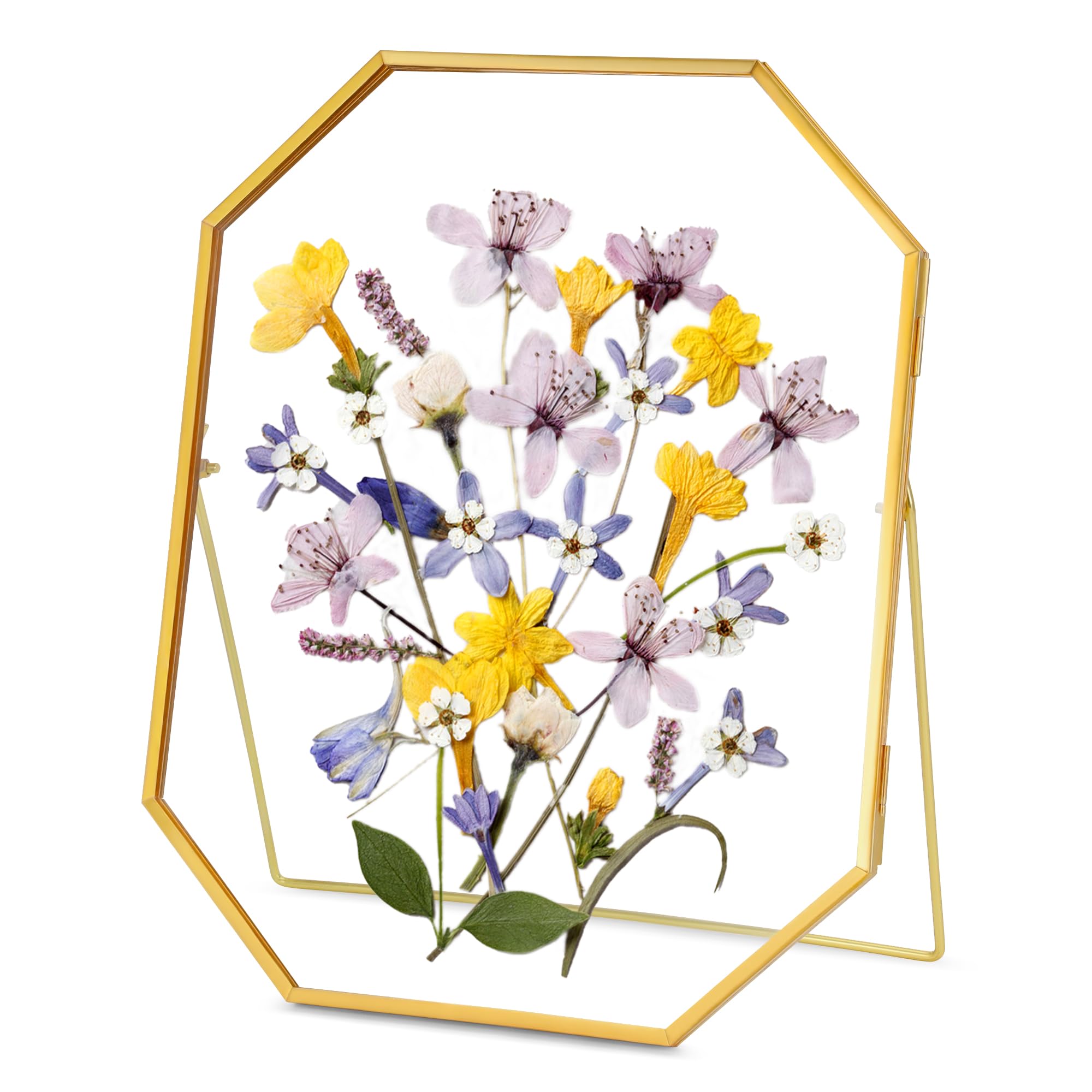 Photo 1 of REDHUGO Glass Pressed Flower Frame Handmade, Metal Floating Picture Frame, Double Glass Frame for Pressed Flowers Tabletop Display Unique Brass Frame, Octagon, Gold, 8x10 inches (FRAME ONLY)