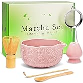 RANERANE Matcha Whisk Set, Sakura Pink Ceramic Matcha Set Includes Matcha Bowl, Matcha Whisk (Chasen) and Holder, Sifter, Bamboo Scoop & Spoon - 6 Pcs Matcha Kit for Matcha Lovers
