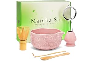 RANERANE Matcha Whisk Set, Sakura Pink Ceramic Matcha Set Includes Matcha Bowl, Matcha Whisk (Chasen) and Holder, Sifter, Bamboo Scoop & Spoon - 6 Pcs Matcha Kit for Matcha Lovers