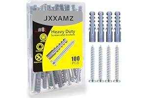 JXXAMZ33 100-Piece 8# Drywall Anchors and Screws Combo Pack - Includes 50 Screws and 50 Plastic Wall Anchors for Sturdy Installation - Heavy Duty Screws and Anchors for Home Improvement