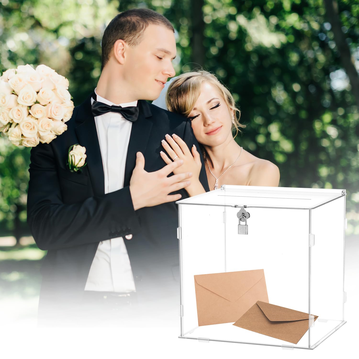 QWORK® Clear Acrylic Wedding Card Box - 25.5x21x25 cm - Gift Box Envelope Box with Lock and Slot for Wedding Reception, Anniversary, Graduation Decorations