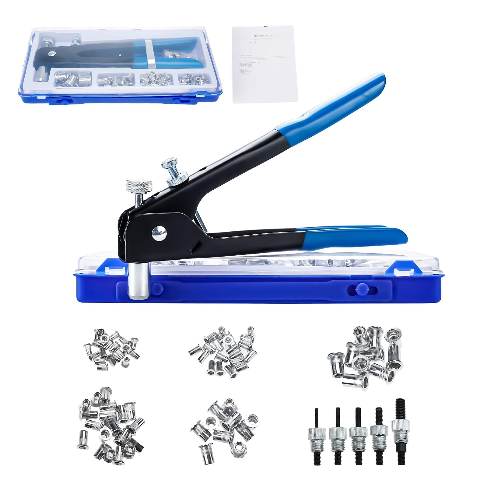 FreeTec 86pcs Rivnut Tool Kit, Rivet Nut RIV Nut Tool Kit, M3 M4 M5 M6 M8 Captive Nuts Rivet Threaded Insert Plier with Mandrels for Metal Pipe Frame Car Furniture Repair