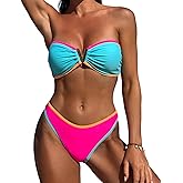 ZAFUL Women's Bandeau Bikini V Strapless Confetti Colorblock Tie Back High Cut Two Piece Swimsuit Bathing Suits