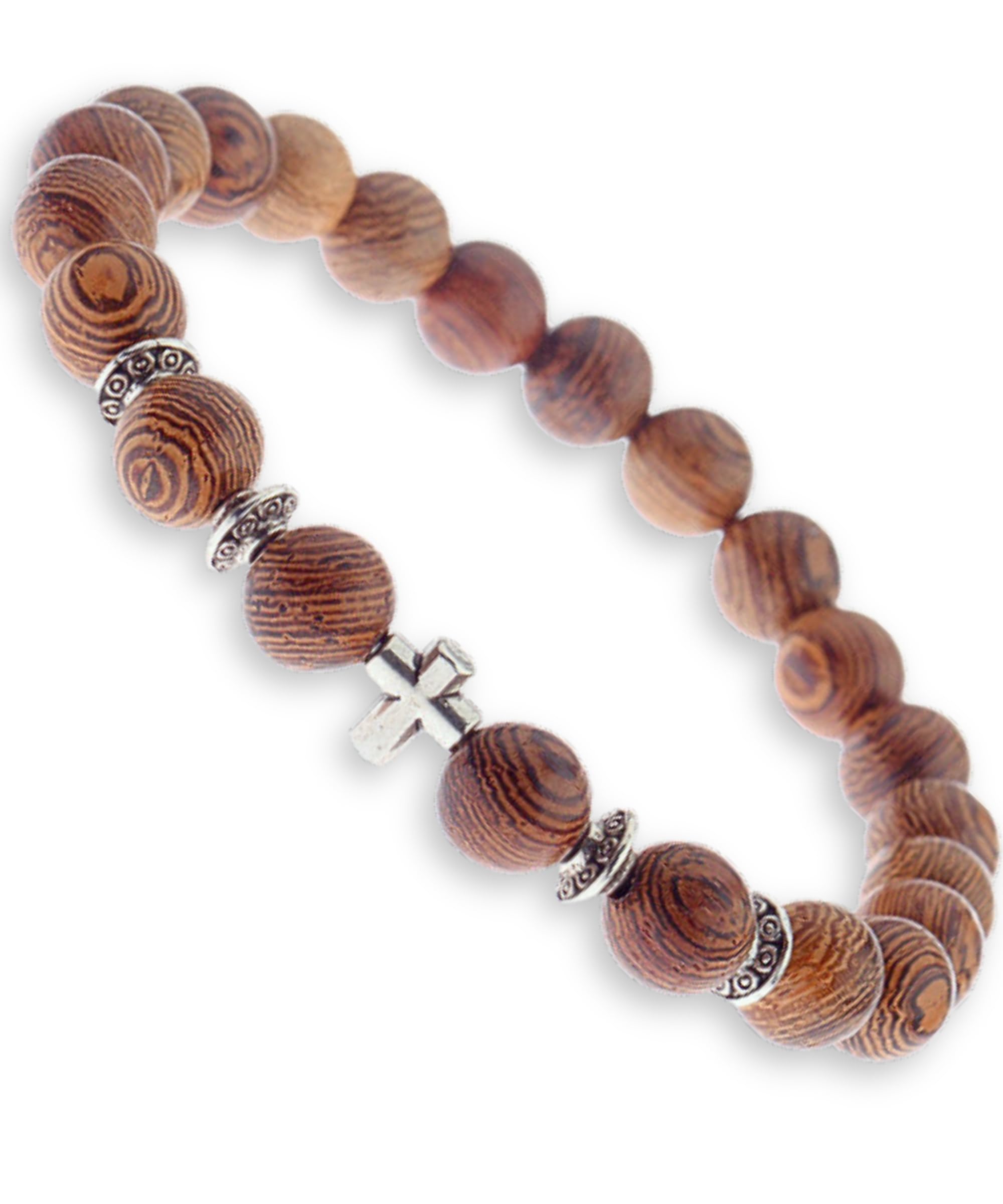 Wood Beaded Cross Bracelet for Men: Confirmation Gifts for Teens First Communion Religious Cross Statement