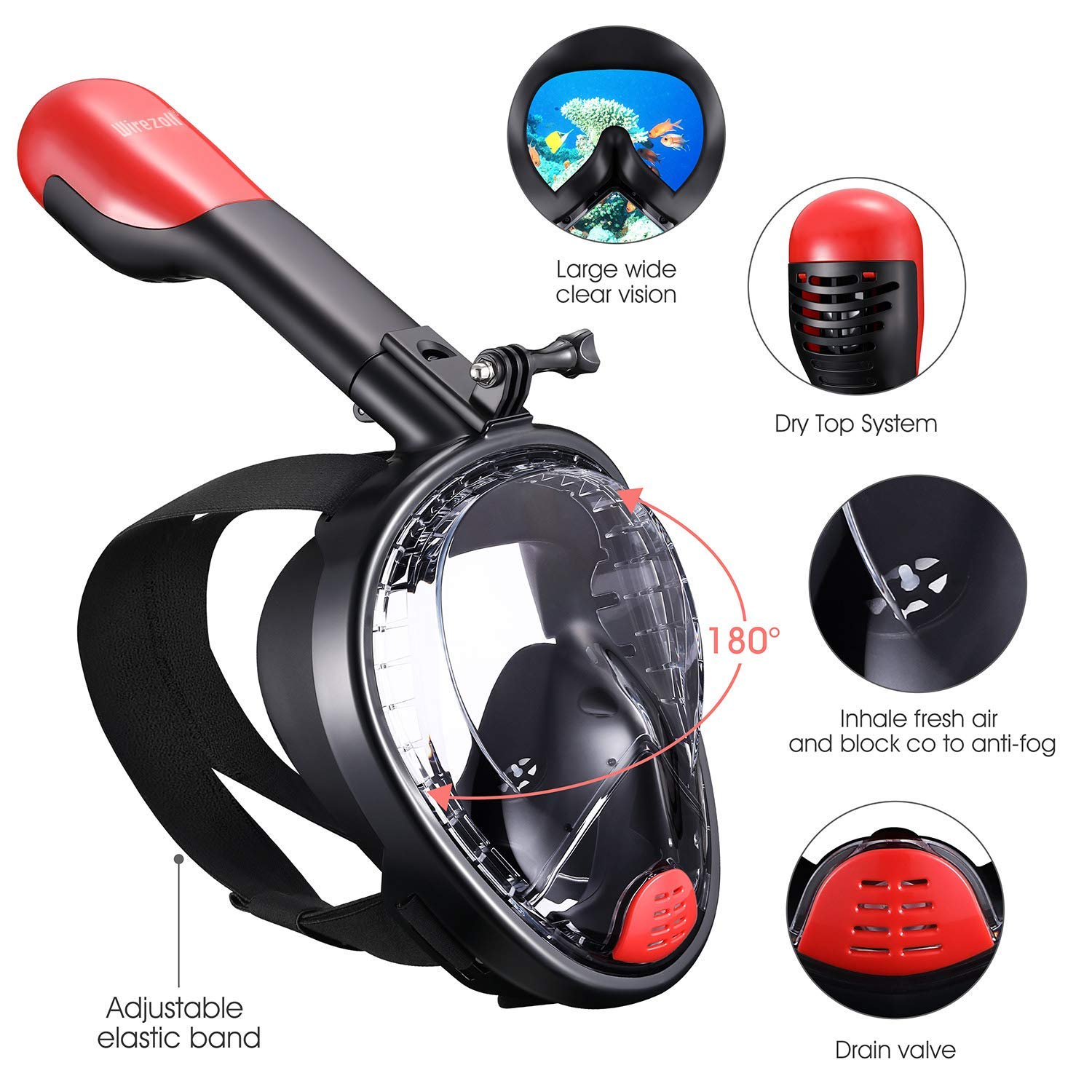 Wirezoll Snorkel Mask, One Size Full Face Diving Mask with GoPro Mount for Adults & Kids - Safe Snorkeling Experience/180° Panoramic View/Easy Breath/Anti-Fog/Anti-Leak