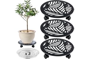 PLANTERHOMA 3 Packs Large Metal Plant Caddy with PU Wheels 13.6" Heavy-duty Wrought Iron Rolling Plant Stands Indoor Outdoor Wheeled Plant Dolly Planter Mover Rollers Plant, Leaf Style