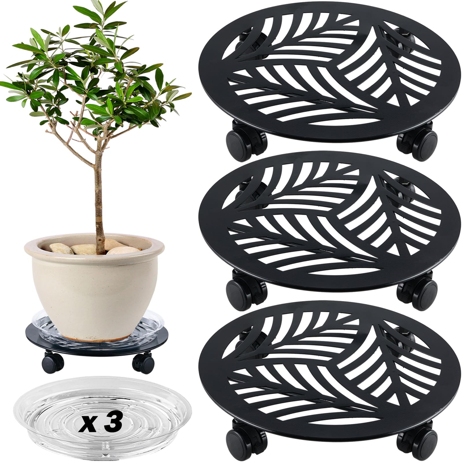 Photo 1 of 3 Packs Large Metal Plant Caddy with PU Wheels 13.6" Heavy-duty Wrought Iron Rolling Plant Stands Indoor Outdoor Wheeled Plant Dolly Planter Mover Rollers Plant, Leaf Style