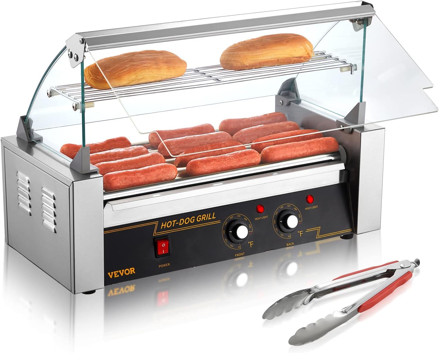 Photo 1 of ***PREV-USED/ DIRTY**** VEVOR Hot Dog Roller, 30 Hot Dog Capacity 11 Rollers, 1800W Stainless Steel Cook Warmer Machine w/Cover & Dual Temp Control, LED Light & Detachable Drip Tray, Sausage Grill Cooker for Kitchen Canteen