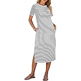 ANRABESS Womens Summer Casual Midi Dress Short Sleeve Crewneck T Shirt Long Dresses Split Stripe Beach Vacation Travel Outfit