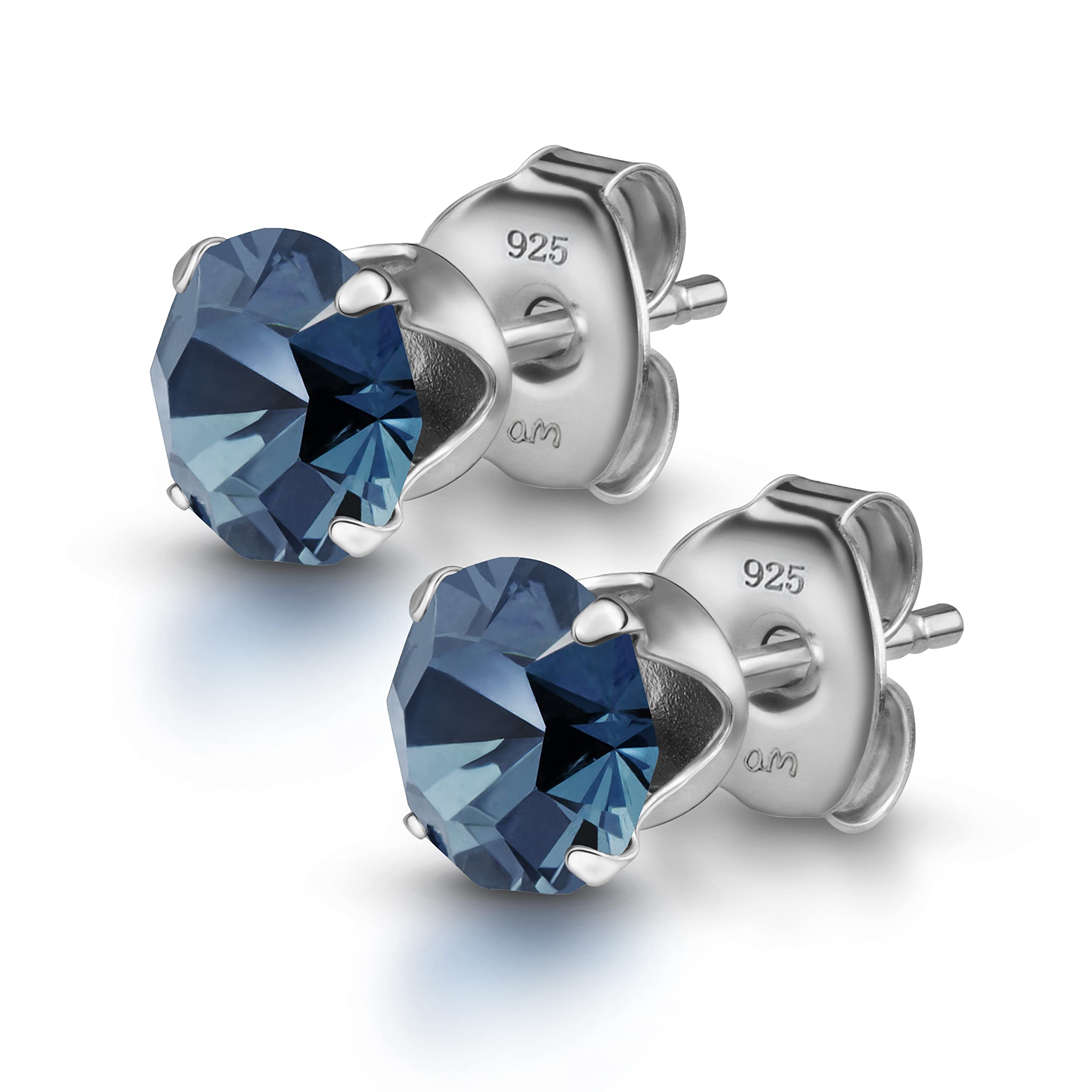 Amberta Women's 925 Sterling Silver Lumini Crystal Blue Collection Stud Earrings: Dark Denim Blue