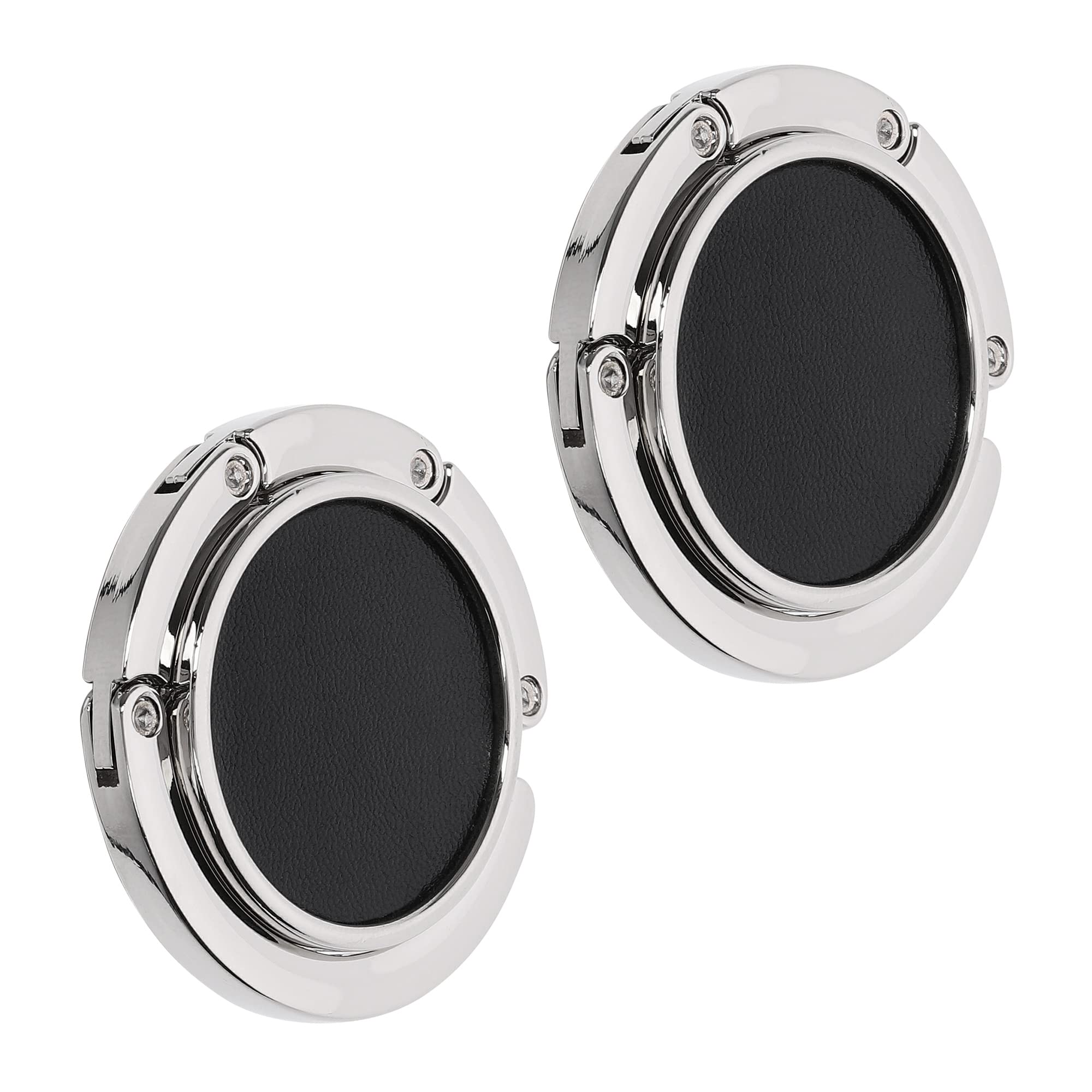 kwmobile Purse Hooks for Table - Set of 2 Zinc and Faux Leather Handbag Hook Foldable Bag Holder Purse Hangers for Tables - Black/Silver