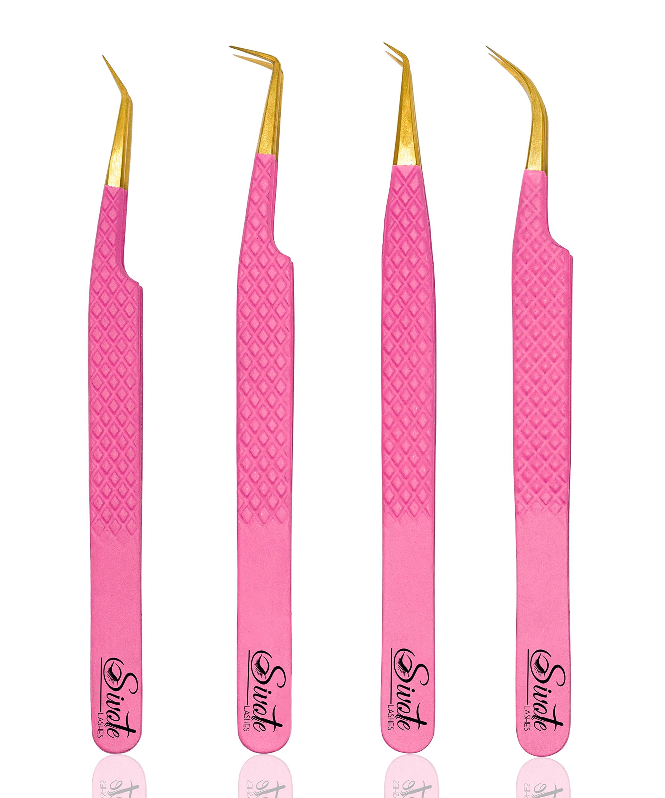 Photo 1 of SIVOTE Fiber Tip eyelash tweezers for lash extensions with Diamond Grip, Pink, Set of 4 - Precise Tips Japanese Steel for Classic, Volume & Mega Volume Lashes, Anti-Rust - Ideal for Lash Artists