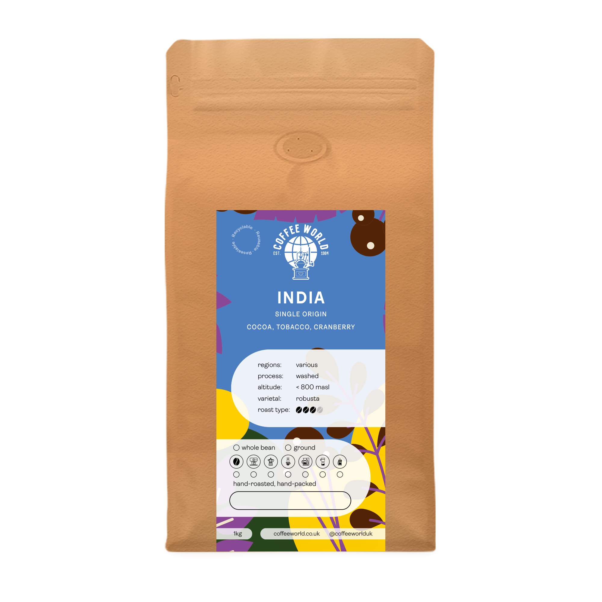 Coffee World | India Single Origin UK Roasted Whole Coffee Beans - Perfect Brewing for Cafés, Businesses, Shops & Home Users (Coffee Beans 1KG)