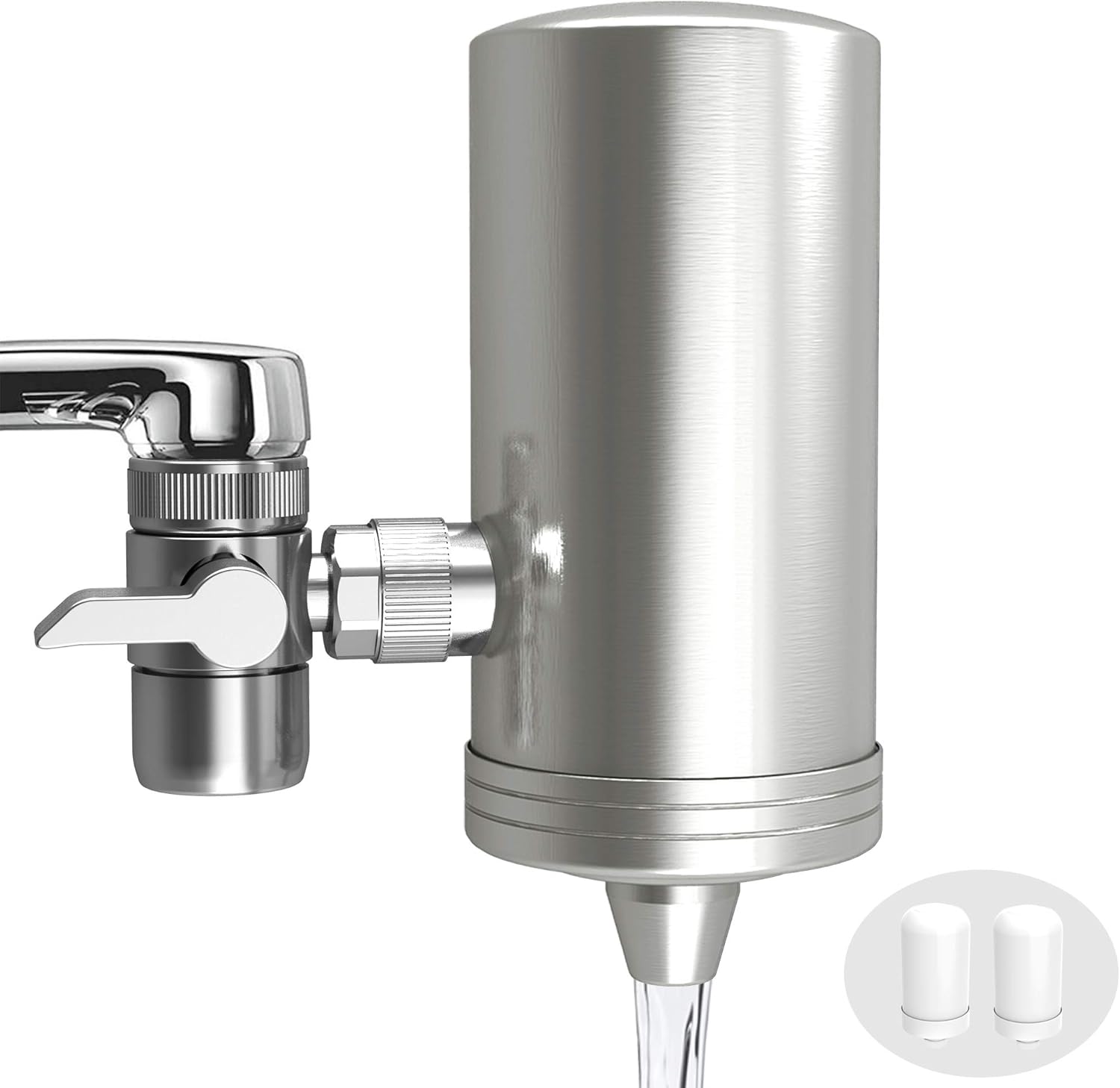 XOOL Faucet Water Filter, 304 Stainless-Steel Filtration System, Double Outlet, Large Water Flow, Water Purifier, Reduce Chlorine, Lead Reduction, Fits Standard Faucets (2 Filter Cartridges): Home & Kitchen