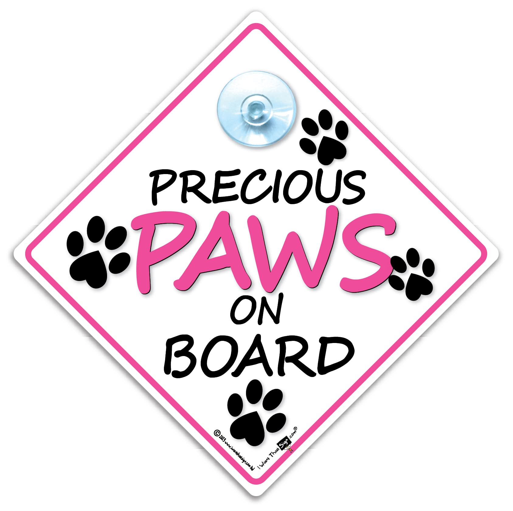 Precious Paws On Board Sign, Pink Dog Car Sign With Suction Cup, Fur Baby Sign to Notify of Dog in Vehicle 14 cm