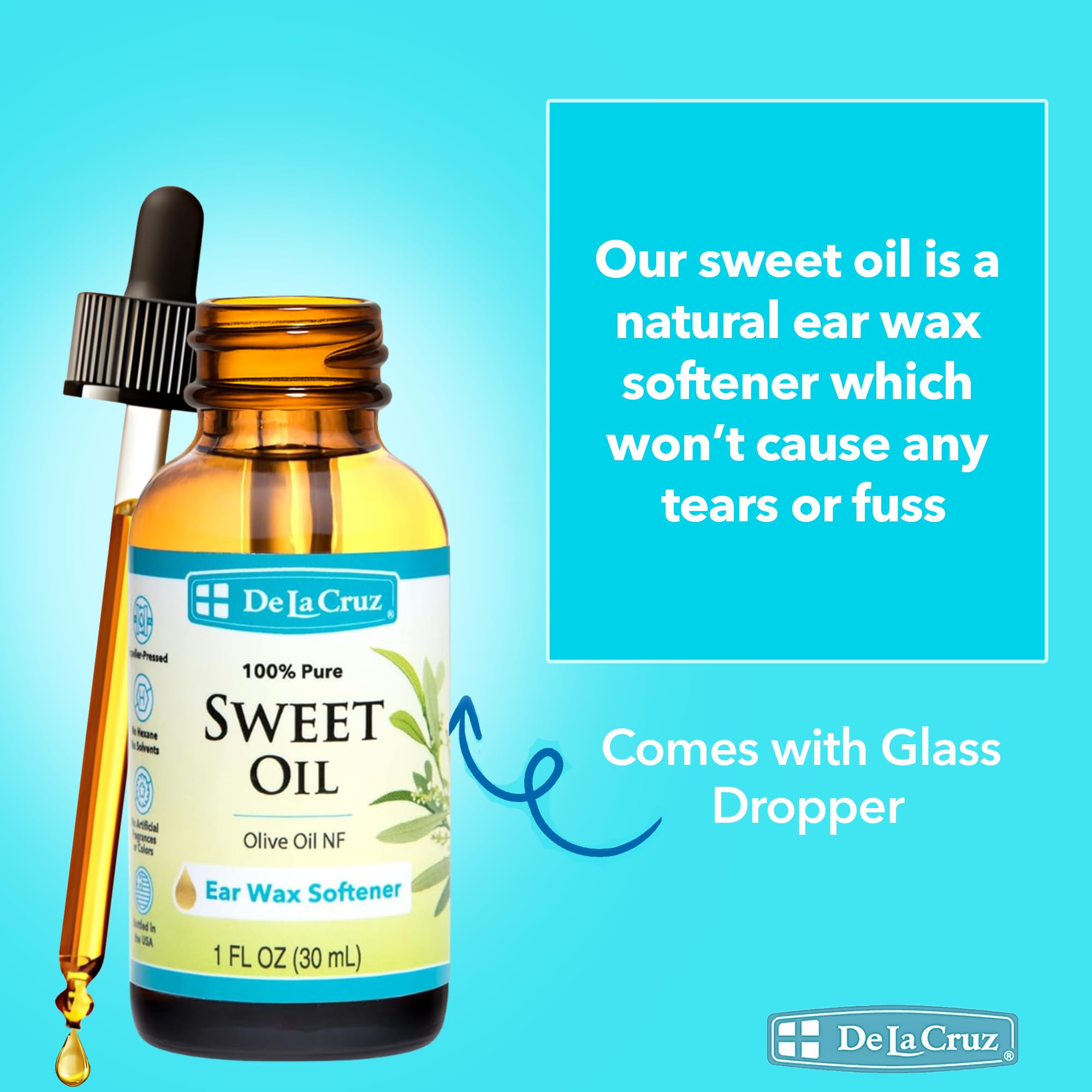 De La Cruz 100% Pure Sweet Oil for Ears with Glass Dropper - All Natural and Gentle Ear Wax Removal - 1 Fl OZ