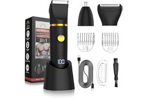 Qreeyx Manscape Body Trimmer for Men, 3 in 1 Men's Grooming Kit with Pubic/Nose Hair Trimmer & Ball Shaver for Nose/Balls/Groin/Legs/Chest Hair Removal, LED Display, IPX6 Waterproof, Gifts for Him Dad