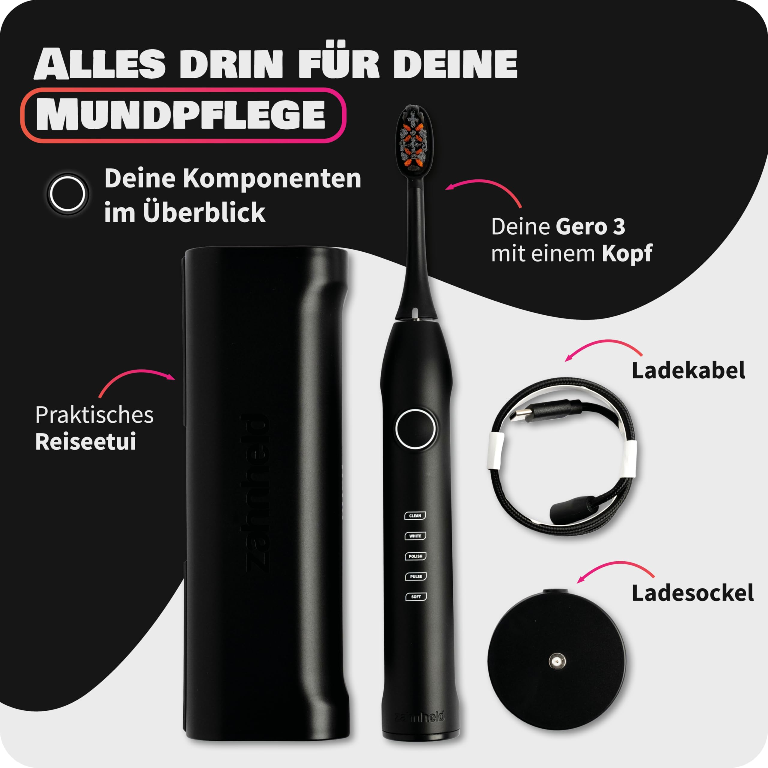 Zahnheld Gero G3 elektrische Schallzahnbürste zur Zahnreinigung & Zahnpflege - elektrische Zahnbürste inkl. Bürstenkopf & Reiseetui - lange Akkulaufzeit, 5 Putzmodi, Andrucksensor & Timer - schwarz 9