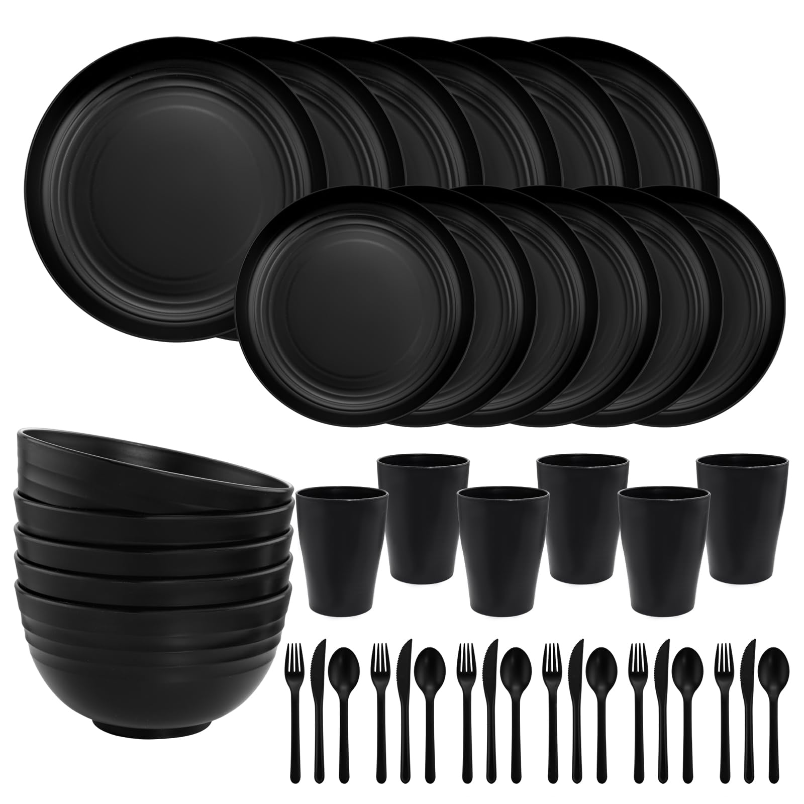 Photo 1 of EI 42pcs Wheat Straw Dinnerware Set,Unbreakable Reuasble Plate,Plastic Plates and Bowls Sets,Lightweight Dinnerware for Camping,Picninc,Party-Black Bowls,Plates,Cups,Cutlery