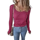 Kinlonsair Women Long Sleeve Scoop Neck Shirts Ribbed Knit Slim Fit Tops Basic 2025 Fall Outfits Casual T-Shirt